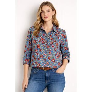 Trade Cloth Floral Button Up Shirt XS Blue Boho Cotton Blouse Front Pockets